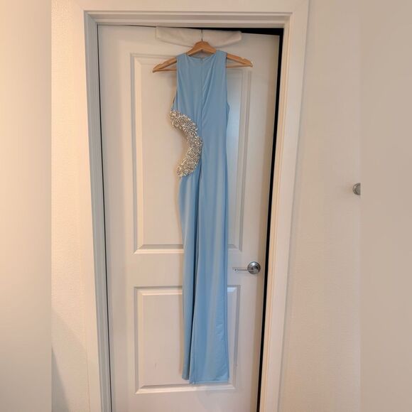 NWOT BRONX AND BANCO Camila Rhinestone Cutout Maxi Dress in powder blue - Picture 8 of 14